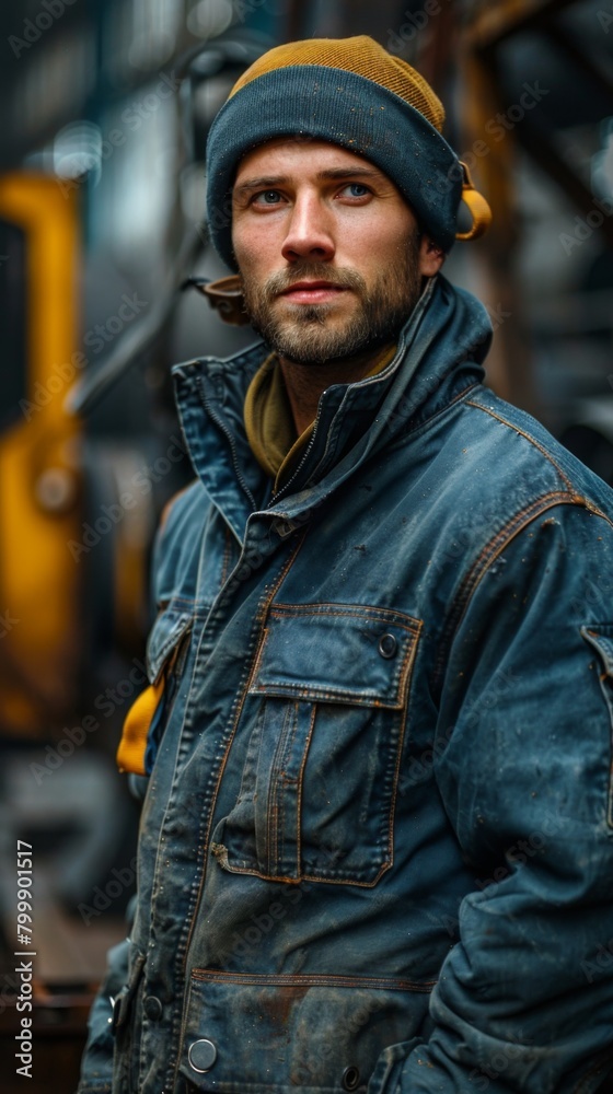 male worker stands in a workshop against an industrial background. male worker stands in a workshop against an industrial background.