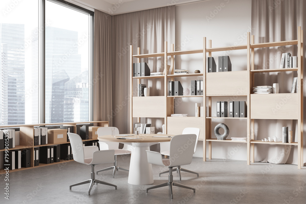 Fototapeta premium Cozy meeting room interior with table and chairs, shelf and panoramic window