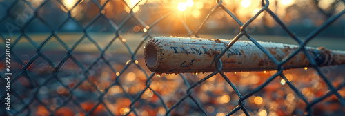 An artistic UHD image of a baseball bat leaning, Photograph of Iron wire mesh fence with posts Installing ultrawide angle lens Realism daylight 
