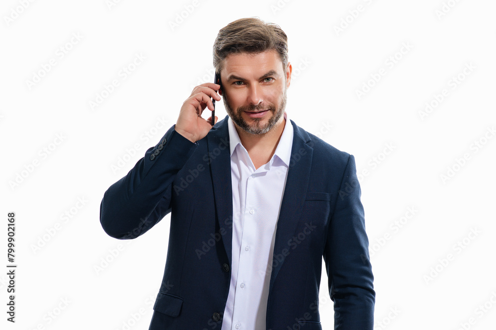 Portrait of handsome business man in suit using smartphone, chatting, making post on social media. Business man call on phone isolated over studio background. Blogger talking on phone. Portrait of handsome business man in suit using smartphone, chatting, making post on social media. Business man call on phone isolated over studio background. Blogger talking on phone.