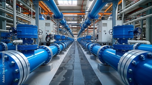 gas production plant with blue pipes and white equipment,