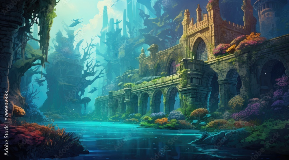 Fototapeta premium Enchanted Ruins Underwater Realm