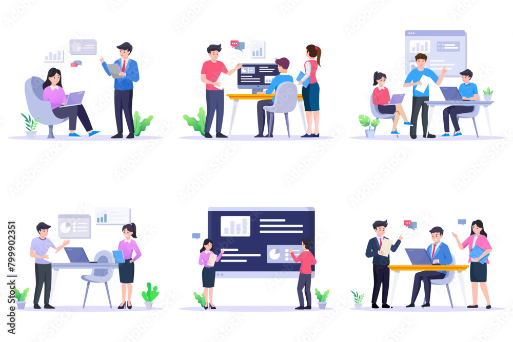 Business meeting. Flat people on presentation conference. Businessman at project strategy infographic. Team seminar vector concept Business meeting. Flat people on presentation conference. Businessman at project strategy infographic. Team seminar vector concept