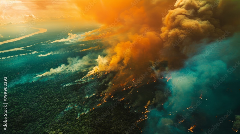 Aerial view from space of ecological disaster from fires in Amazon, South America.
