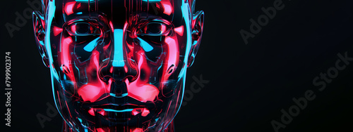 A close up of a face with a blue and red glow. The face is made of metal and has a futuristic look to it. The colors of the face give off a sense of energy, excitement. cyborg man face facing forward.