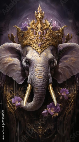 An elephant wearing a golden crown with rubies, sapphires, and diamonds. © Mind