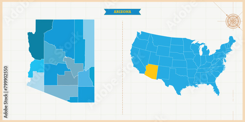 A Map highlighting Arizona in the USA Map, Arizona and USA modern map with Colorful Hi detailed Vector, geographical borders