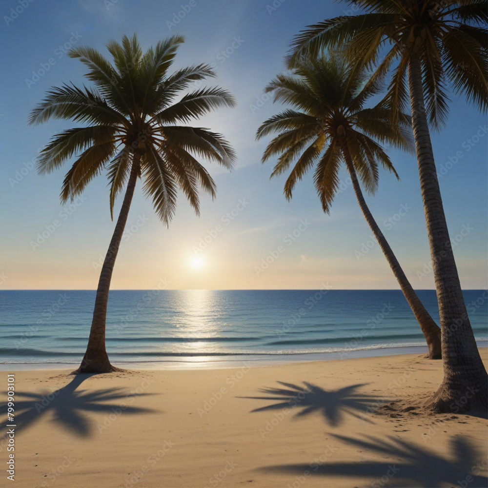 Deserted beach with palm trees and sea in the morning.