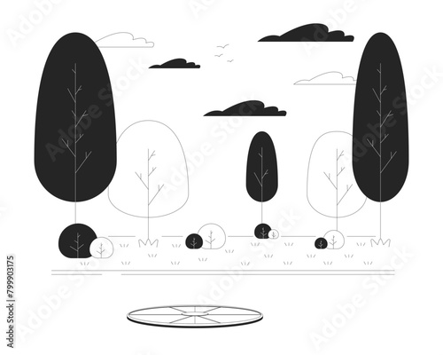 Sewage hatch on park road black and white cartoon flat illustration. Manhole cover 2D lineart scene isolated on white background. Sewerage in city garden monochrome scene vector outline image
