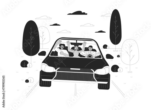Reckless driving black and white cartoon flat illustration. Diverse friends riding vehicle with rules violation 2D lineart characters isolated. Road accident monochrome scene vector outline image
