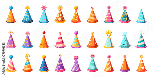 Cartoon Birthday Party Caps Bright Colored Vector Icons. Fun and Festive cone Headwear Illustrations for Celebrations