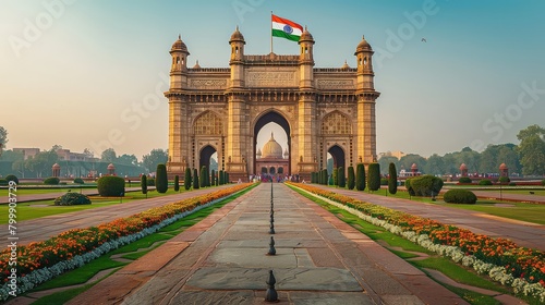 Tajmahal in Agra, the symbol of love and the most beautiful building in the world. UNESCO WORLD HERITAGE SITE and one of world's wonder of India. india independence day. photo