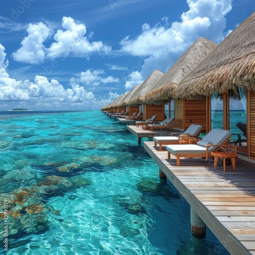 Overwater bungalows on tropical island vacation honeymoon hotspot  Maldives. Bright blue sky  lounge chairs and turquoise water  scenic relaxing holiday perfect for background graphics. Generative AI