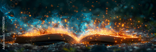 Fantasy and literature concept. 3D style Illustr, Closeup of an open book the pages turning on their own as magic splash out of it 