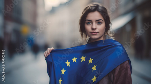 Woman holds the European Union flag in her hand. EU flag at a demonstration for EU accession