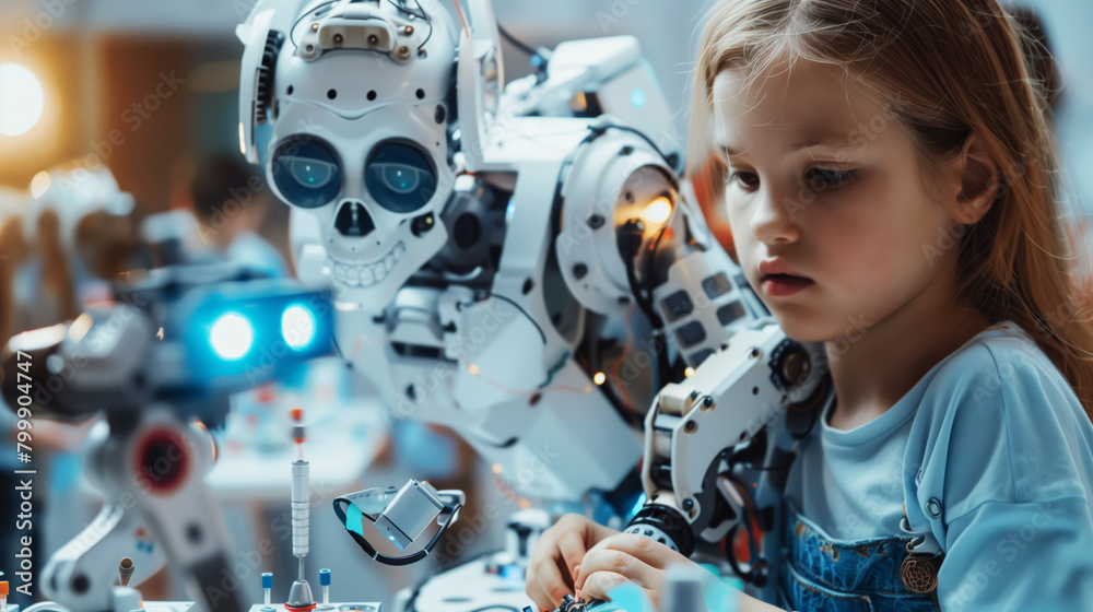 Young girl engaged in robotics engineering with a large humanoid robot in a high-tech workshop. Young girl engaged in robotics engineering with a large humanoid robot in a high-tech workshop.