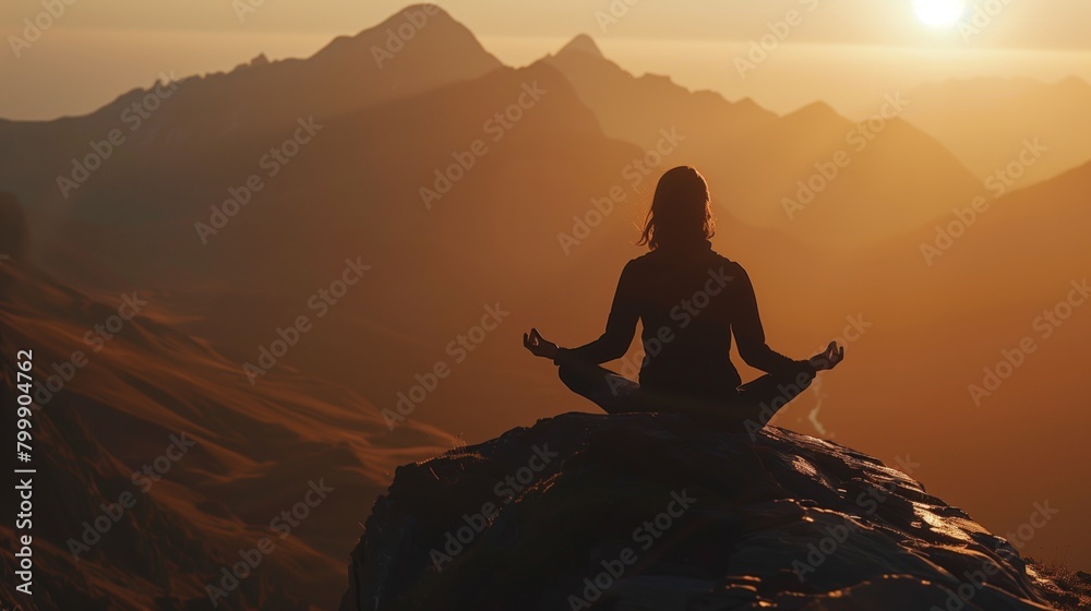 Silhouette of a person meditating on a mountain top during a stunning sunset. Silhouette of a person meditating on a mountain top during a stunning sunset.