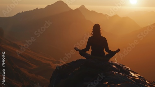 Silhouette of a person meditating on a mountain top during a stunning sunset.