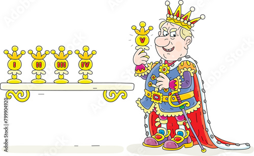 Angry king with an insidious smile putting his golden prize for his next royal reign on a shelf with a collection of previous awards for ruling a fairytale kingdom, vector cartoon illustration