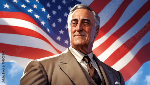 Franklin D. Roosevelt with a patriotic US flag in the background photo