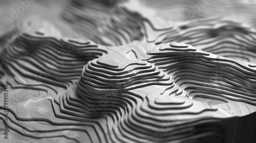 A monochrome topographic landscape of undulating contours