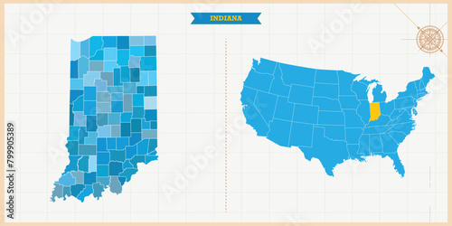 A Map highlighting Indiana in the USA Map, Indiana and USA modern map with Colorful Hi detailed Vector, geographical borders