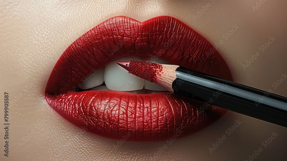 Obraz premium A woman is applying lipstick with a brush