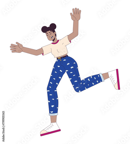 Emotional african american woman falling down 2D linear cartoon character. Black lady in trouble isolated line vector person white background. Dangerous accident color flat spot illustration