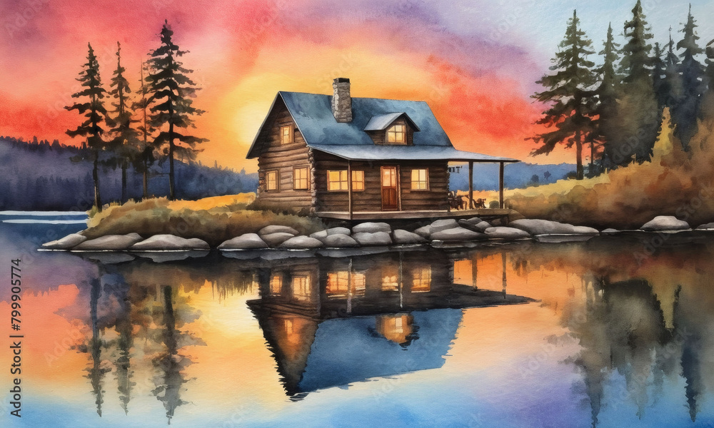 Watercolor Sunset House at lake Watercolor Sunset House at lake