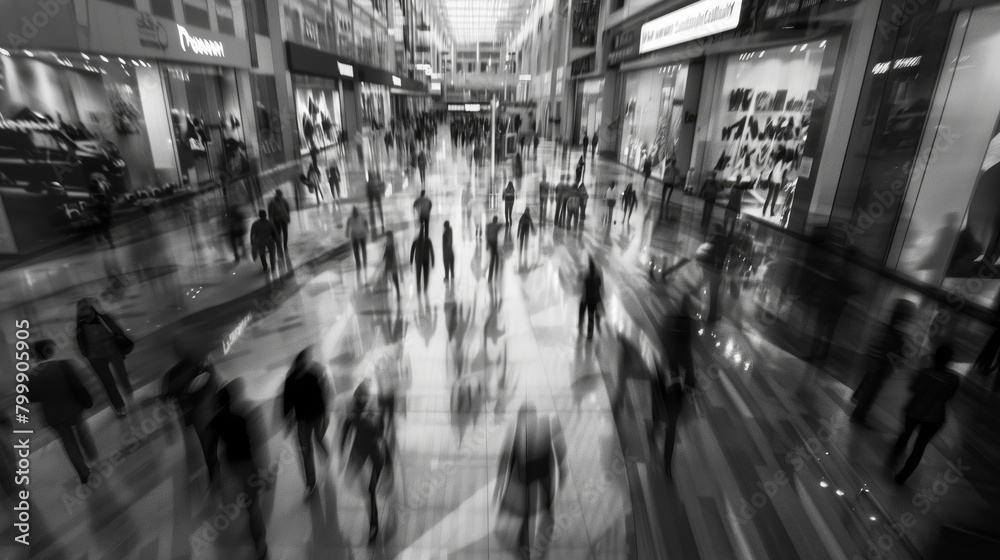Blurred motion of people walking busily in a modern shopping mall, creating a dynamic scene.