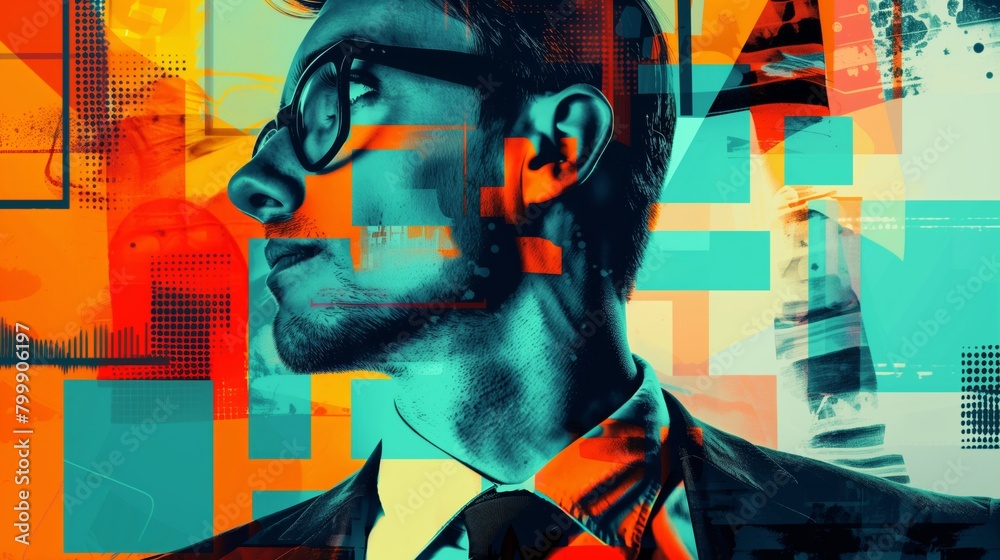 Vibrant abstract collage featuring a profile view of a young man with glasses over a colorful graphic background.