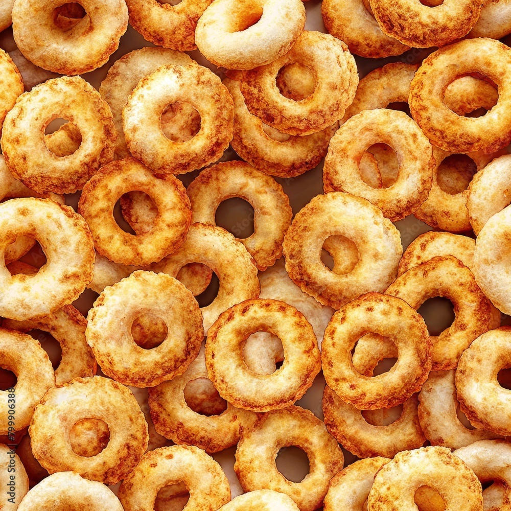 Seamless pattern of crunchy onion rings coated in golden breadcrumbs, Generative AI