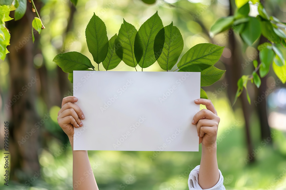 Hand holding a poster for environmental sustainability concept, recycle symbol.