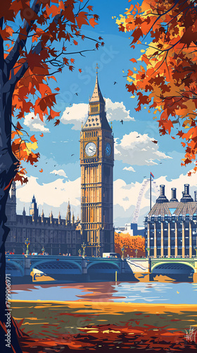 captivating view of London's iconic Big Ben and the Houses of Parliament during the enchanting season of autumn