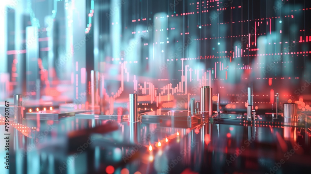 Futuristic cityscape with glowing digital financial charts and data overlays, in vivid red and blue hues.