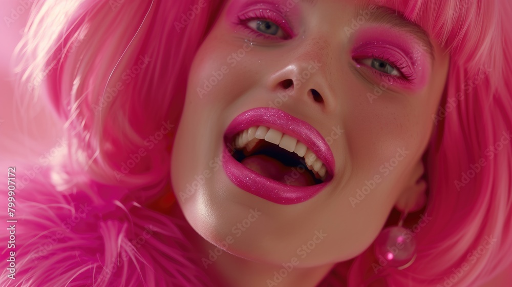 Joyful Woman with Pink Wig and Makeup Smiling in Studio