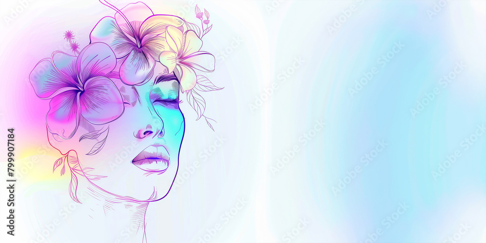 A woman with a flowery headdress is the main focus of the image. The colors of the flowers are bright and vibrant, creating a sense of energy and positivity. ace with flowers, iridescent, clean lines