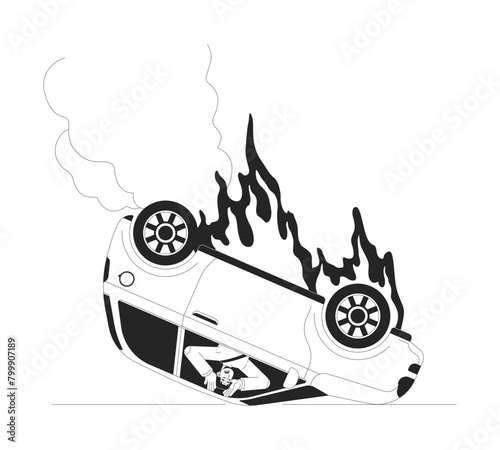 Car upside down on fire black and white cartoon flat illustration. Frightened asian man locked inside burning auto 2D lineart character isolated. Road accident monochrome scene vector outline image