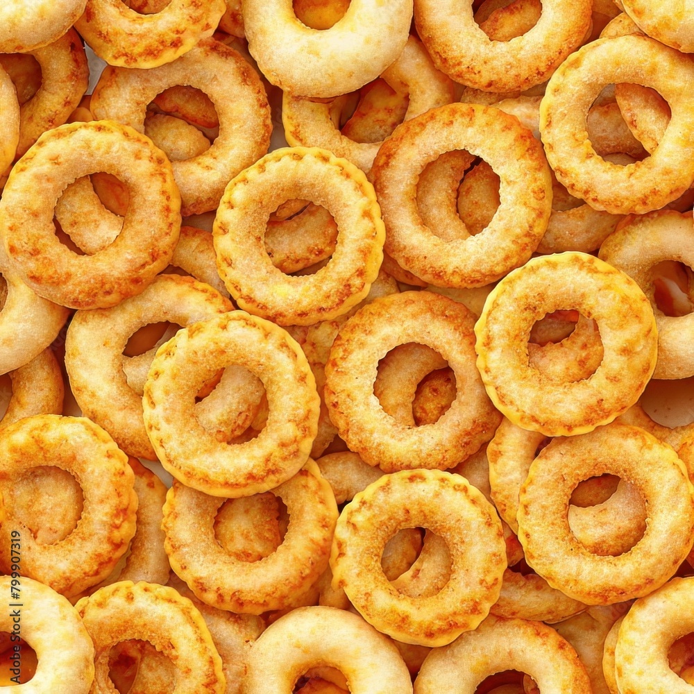 Seamless pattern of crunchy onion rings coated in golden breadcrumbs, Generative AI
