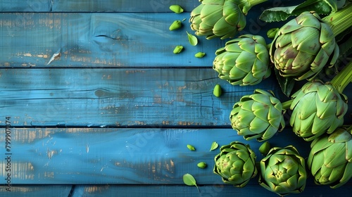 Artichokes on a wooden blue background  Healthy banner