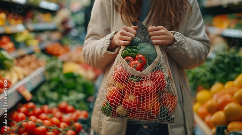 Woman holding groceries shopping bags sustainable eco