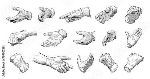 Comics Hand Poses in Glove Set. White wrist Vector Set, Black and White glove Elements on White Background photo