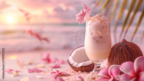 Coconut drink cocktail on a tropical pink beach, delicate summer banner