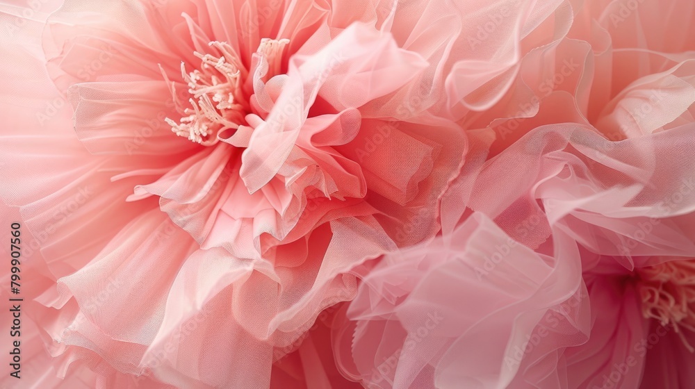 Pink tulle fabric close-up texture. Full frame abstract background with soft waves.