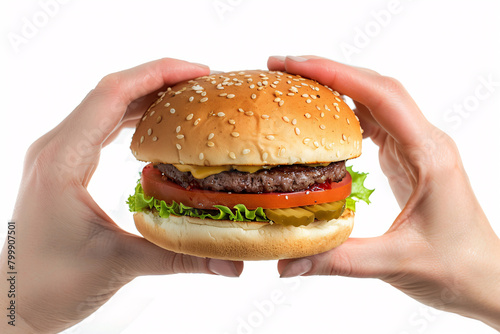 Hand holding a hamburger on a white background