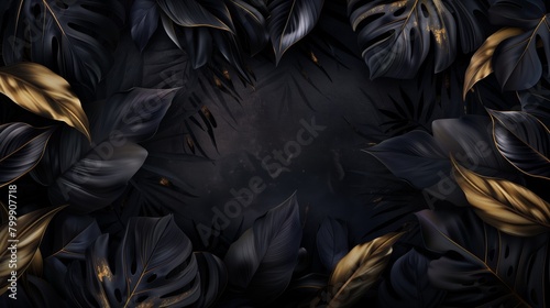 Elegant dark botanical background with black and gold tropical leaves.