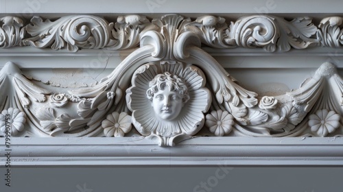 Ornate plasterwork featuring a classical female face and acanthus leaf design photo