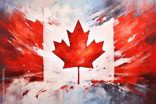 Painting of the Canadian flag with a red field on top and white field on the bottom, separated by a red square in the center. In the center of the square is a stylized red maple leaf