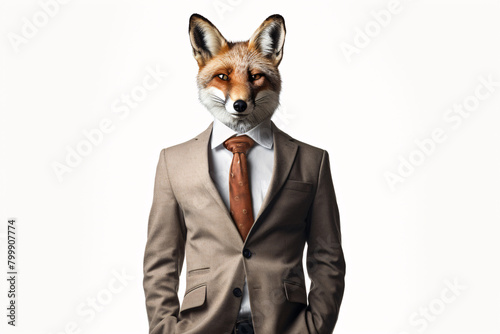 Businessman with a fox's head wearing a brown suit standing on a white background