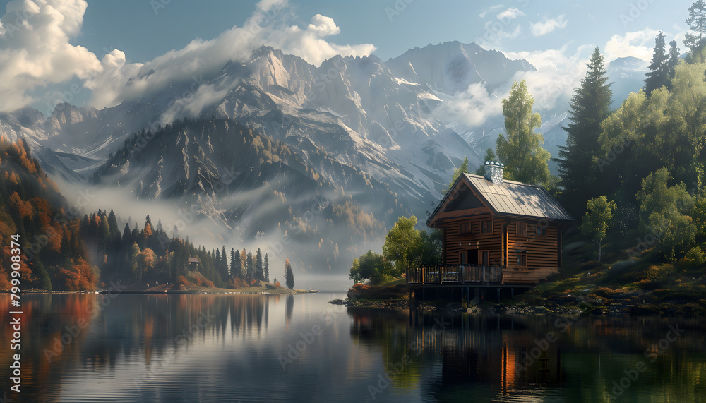 Fototapeta premium A wooden cabin by a lake in the mountains 